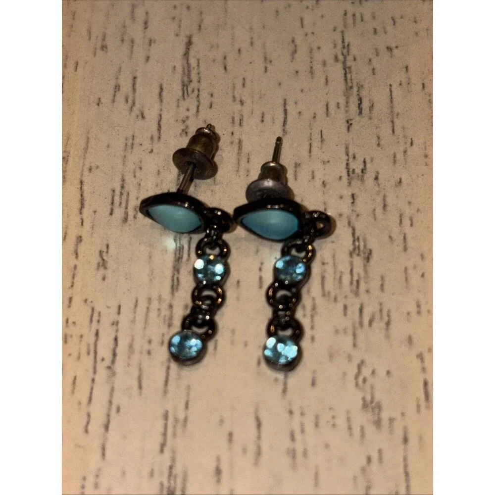 Vintage Black Metal Necklace & Dangle Earring Set Blue Faux Stone 16”